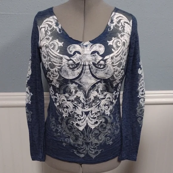 Blue and White Y2K Graphic Blouse with Ornate Design - Picture 1 of 8